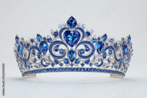 Concept of a silver tiara adorned with diamonds and blue sapphire stones, symbolizing a beauty pageant winner, a bride's accessory, and a royal crown for a queen, isolated on white with a clipping