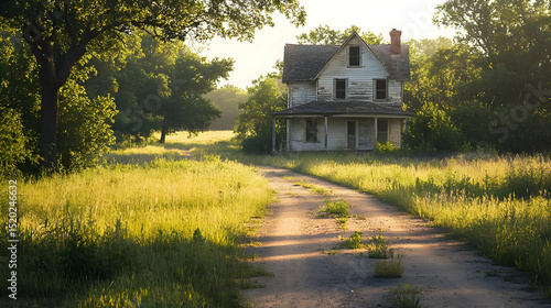 Sunlit Abandoned Farmhouse on Country Road