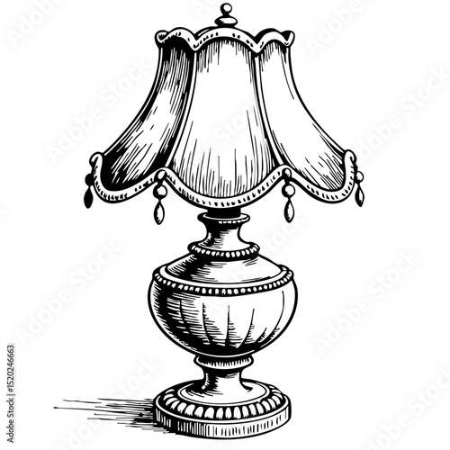 Vintage sketch of an ornate table lamp with decorative shade  