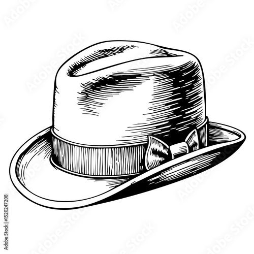 Classic vintage hat sketch with bow detail on a white background  
