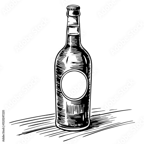 Vintage sketch of a glass bottle with a blank label on a surface  