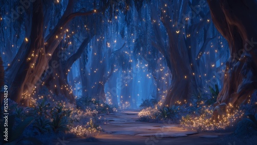 Enchanted nighttime landscape of a mystical forest filled with fantasy and fairy tale elements