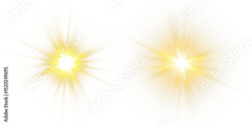 Vector transparent sunlight with sun glare. Overlay, Sun rays and glare, Sun, sunrays, light transitions, lens flare, light leaks and glare in PNG format. PNG sunlight flare. Golden flash and glare.