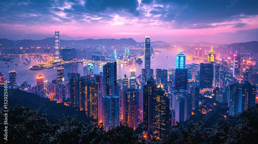 Fototapeta premium Hong Kong Cityscape at Twilight with Glowing Lights and Vibrant Sky