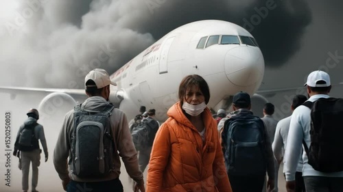 Passengers leave the smoke-filled plane on the runway