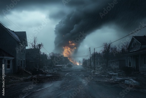 Apocalyptic Urban Explosion. Surreal Cityscape in Aftermath of Devastating Disaster