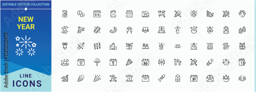 New Year linear icon set. Minimalist linear icons. Contain linear sign happy, christmas, happy event, party, holiday. Pictogram and infographic. Happy linear icon set.