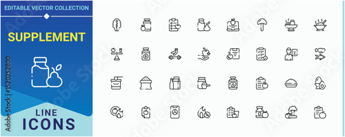 Supplement icon collection. It contains symbols to nutrient, healthy, vitamin, food, protein, nourishment, health. Nutrition icon. Minimalist editable vector stroke. Editable stroke collections.