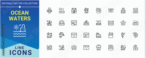 Ocean Waters icon collection. Includes thin line symbols beach, vacation, nautical, surfing, sailboat, diving. Ocean icon set. UI icons set in a thin style. Editable stroke. Vector collection.