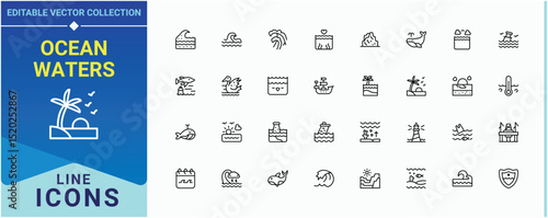 Ocean Waters line icon set. Pack of marine, diving, sea, swimming, vacation, underwater, nautical. Ocean linear icon collection. Vector icons collection. Editable stroke. Vector collection.