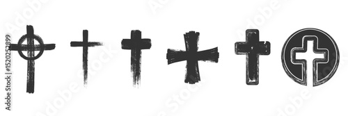 Spray paint graffiti element set of Christian cross with grungy texture. Grunge ink graphic symbols of church isolated on white background for printing on t shirt