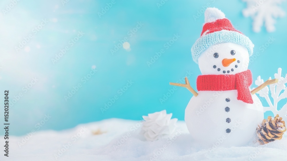 Fototapeta premium Snowman wearing a red scarf and blue hat against a winter backdrop