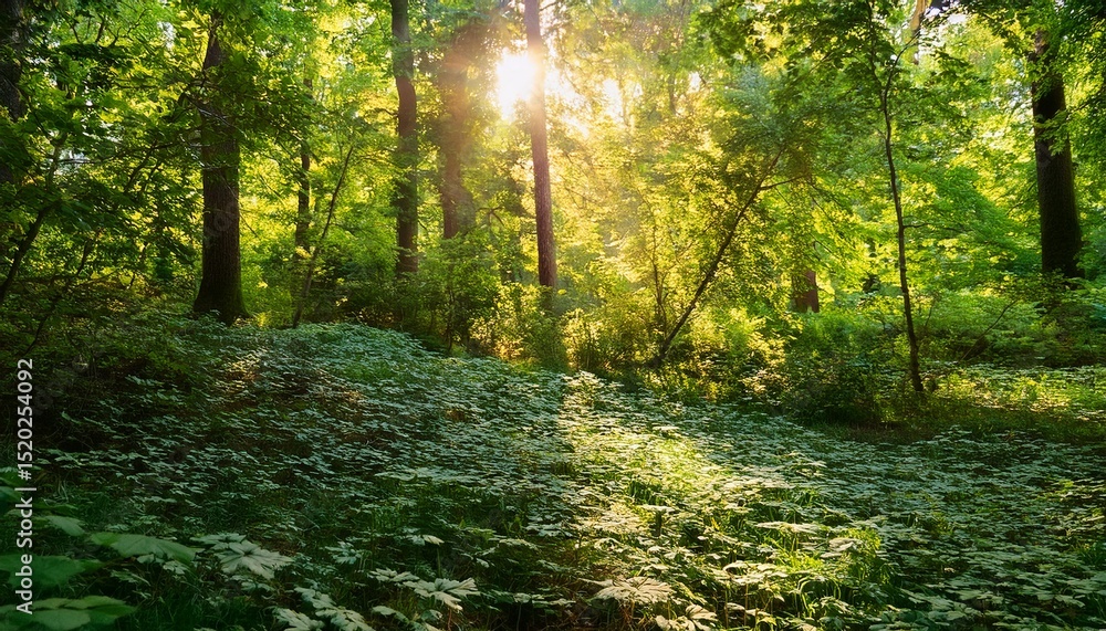 Fototapeta premium serene green nature lush foliage and sunlight