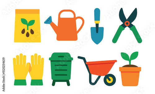 Flat vector icons of gardening essentials: seed packet, watering can, trowel, pruning shears, garden gloves, compost bin, wheelbarrow, plant pot.
