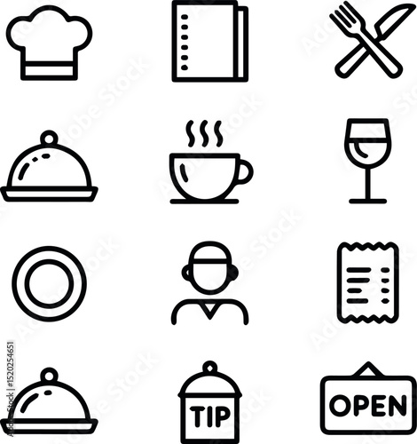 Restaurant menu icons set food service design elements graphic cup tip art chef cook wine fork bill open line