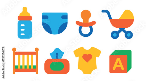 Flat vector icons of baby care: baby bottle, diaper, pacifier, stroller, crib, baby wipes, baby clothes, toy block.