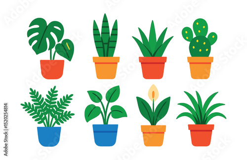 Flat vector icons of indoor plants: monstera, snake plant, aloe vera, cactus, fern, pothos, peace lily, spider plant.