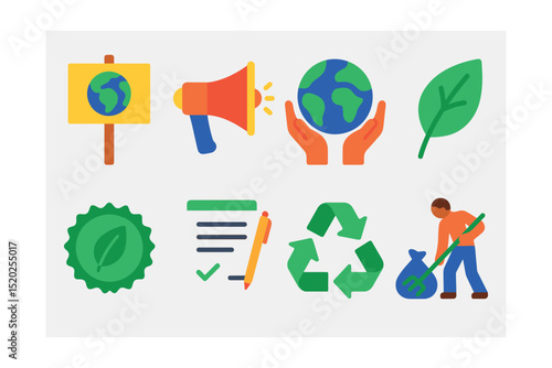 Flat vector icons of environmental activism: protest sign, megaphone, earth in hands, green leaf, eco badge, petition form, recycling symbol, clean-up event.
