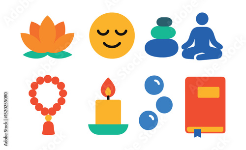 Flat vector icons of mindfulness: lotus flower, calm face, zen stones, meditation pose, mantra beads, candle, breathing bubbles, journal.
