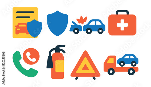 Flat vector icons of car insurance and safety: insurance policy, shield, car accident, first aid kit, emergency call, fire extinguisher, warning triangle, road assistance.