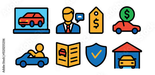 Flat vector icons of car showroom: car display, sales agent, price tag, financing, test drive, brochure, warranty, dealership building.