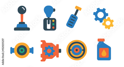 Flat vector icons of automotive transmission: manual gear lever, automatic transmission, clutch pedal, gear teeth, differential, gearbox, torque converter, transmission fluid.