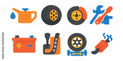 Flat vector icons of automotive repair services: oil change, tire service, brake repair, engine tuning, battery replacement, transmission service, wheel alignment, exhaust repair.