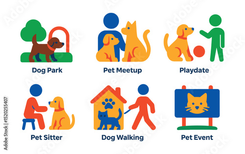 Flat vector icons of pet socializing: dog park, pet meetup, playdate, pet trainer, pet sitter, pet daycare, dog walker, pet event.