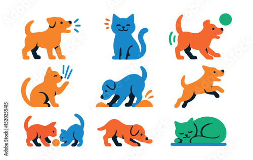 Flat vector icons of pet behavior: barking dog, purring cat, tail wagging, scratching, digging, jumping, playing, sleeping.