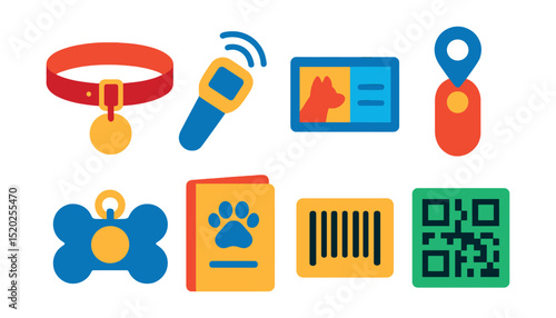 Flat vector icons of pet identification: collar tag, microchip scanner, ID card, GPS tracker, name tag, pet passport, barcode, QR code.