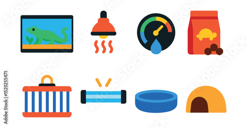 Flat vector icons of exotic pet care: terrarium, heat lamp, humidity gauge, reptile food, specialized cage, UV light, water dish, hiding spot.