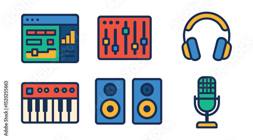 Flat vector icons of music production: DAW software, mixing console, MIDI keyboard, sound wave editor, headphones, studio monitors, recording microphone, audio interface.