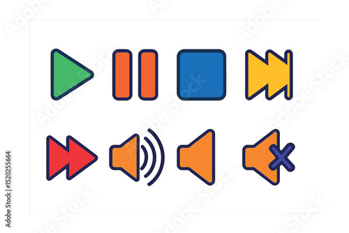 Flat vector icons of music playback controls: play button, pause button, stop button, rewind, fast forward, volume up, volume down, mute.