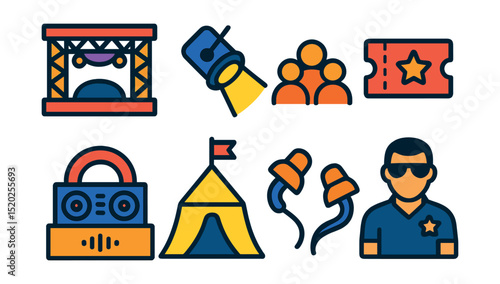Flat vector icons of musical events: concert stage, spotlight, crowd, ticket, DJ booth, festival tent, ear plugs, security guard.