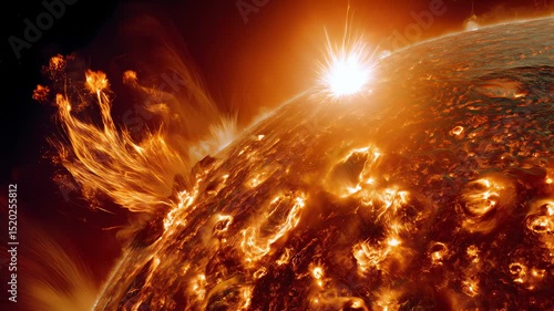 Extreme close-up of sun reveals solar flares and plasma erupting on its surface, galaxy wind and magnet storm. Fiery sun with prominences burns with energy, radiating cosmic power and heat in cosmos