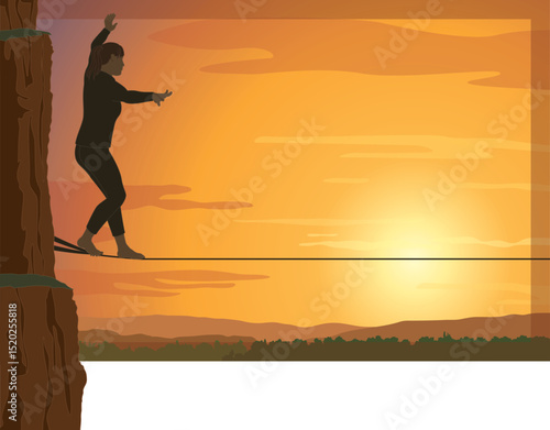 tightrope walking, female walker in silhouette, balancing on a rope attached to a cliff suspended high above the ground with clouds and sunset sky in the background