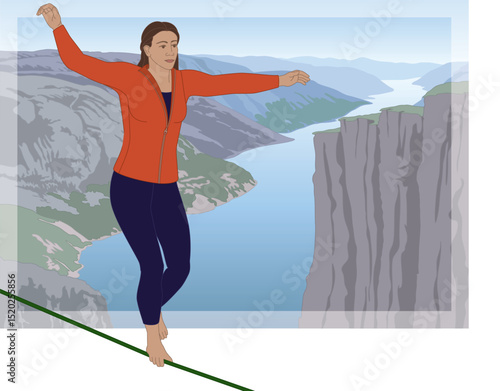 tightrope walking, female walker balancing on a rope suspended high above the canyon with cliffs and river below and blue sky in the background