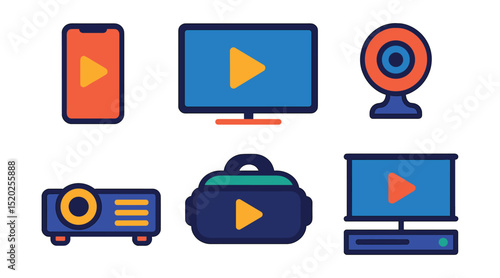 Flat vector icons of video formats and devices: smartphone video, tablet video, smart TV, webcam, projector, VR headset, cinema screen, DVD player.