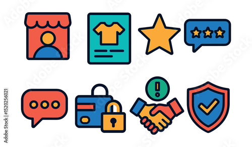 Flat vector icons of marketplace features: seller profile, product listing, rating, reviews, chat support, secure payment, dispute resolution, buyer protection.