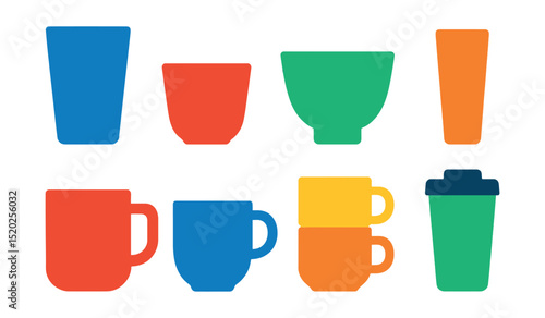 Flat vector icons of cup shapes: tall cup, short cup, wide cup, narrow cup, handled mug, handleless cup, stackable cups, travel tumbler.