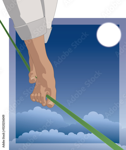 tightrope walking, pair of feet balancing on a rope suspended high above the clouds in an evening sky with a full moon in the background