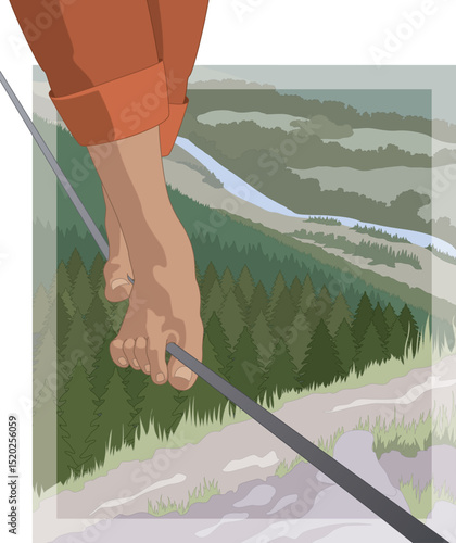 tightrope walking, pair of feet balancing on a rope suspended high above the canyon with cliffs, river and trees below in the background