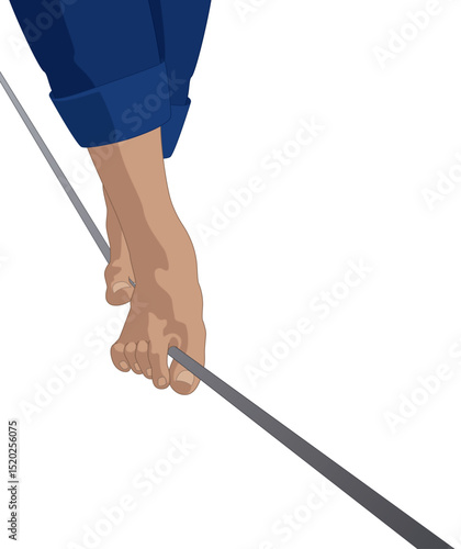 tightrope walking, pair of feet balancing on a rope suspended high above isolated on a white background