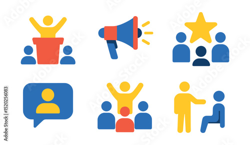 Flat vector icons of leadership and motivation: leader podium, megaphone, goal flag, star recognition, motivational speech, team rally, vision sharing, coaching.