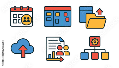 Flat vector icons of collaboration platforms: shared calendar, task board, Kanban board, file sharing, cloud storage, collaborative editing, project timeline, workflow automation.