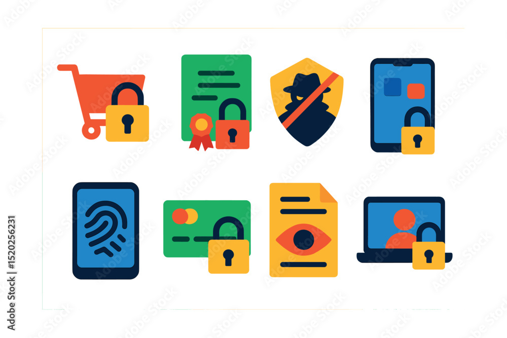 Flat vector icons of shopping payment security: secure checkout, SSL certificate, fraud protection, two-factor authentication, biometric login, encrypted payment, privacy policy, secure login. Flat vector icons of shopping payment security: secure checkout, SSL certificate, fraud protection, two-factor authentication, biometric login, encrypted payment, privacy policy, secure login.