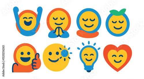 Flat vector icons of positive emotions: excitement, gratitude, contentment, peace, enthusiasm, optimism, inspiration, love.