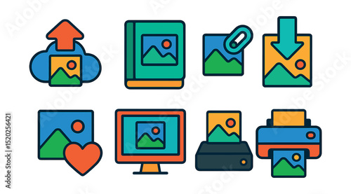 Flat vector icons of photo sharing and storage: cloud upload, photo album, sharing link, download arrow, favorite heart, online gallery, backup drive, photo print.