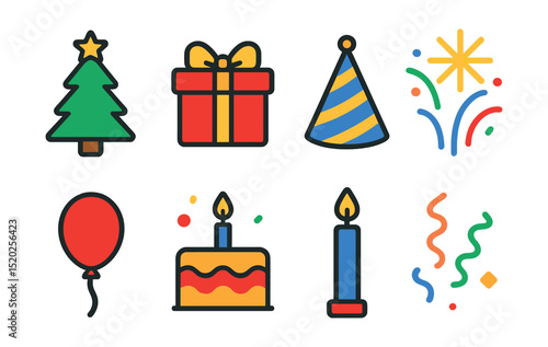 Flat vector icons of holiday themes: Christmas tree, gift box, party hat, fireworks, balloon, cake, candle, confetti.