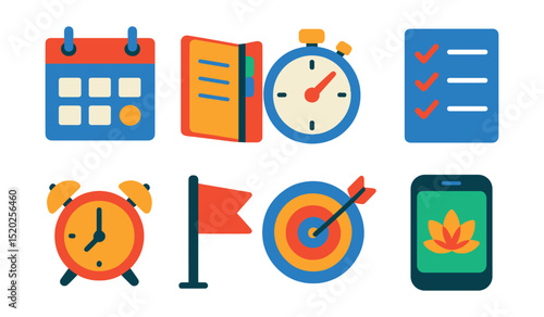 Flat vector icons of stress management tools: calendar, planner, time management, checklist, reminder alarm, priority flag, goal setting, mindfulness app.